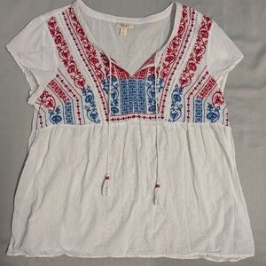 White Blouse with Red and Blue Embroidery